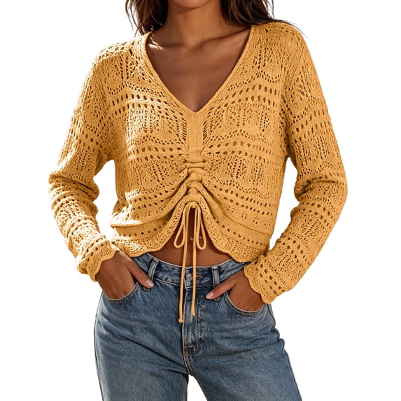 ZGRBOU Womens Boho Off Shoulder Sheer Tops Long Sleeve Crochet V Neck Pullover Shirts Drawstring Hem Swimsuit Cover Up