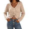 thumbnail image 1 of ZGRBOU Womens Boho Off Shoulder Sheer Tops Long Sleeve Crochet V Neck Pullover Shirts Drawstring Hem Swimsuit Cover Up, 1 of 6