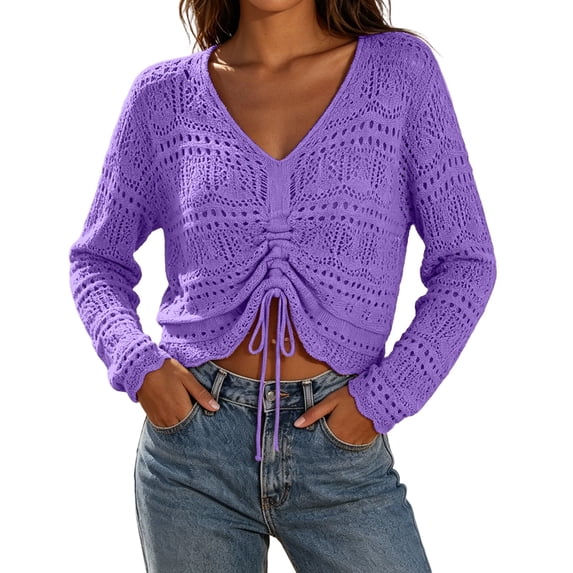 ZGRBOU Womens Boho Off Shoulder Sheer Tops Long Sleeve Crochet V Neck Pullover Shirts Drawstring Hem Swimsuit Cover Up