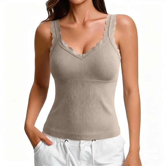 ZGRBOU Womens Built in Bra Camisoles Scalloped Lace V Neck Tank Top Spaghetti Strap Sleeveless Slim Stretchy Cami Tops