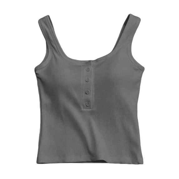 ZGRBOU Womens Built in Bra Tank Tops Cotton Sleeveless Button Henley Shirts Summer Casual Round Neck Slim Fit Basic Crop Cami