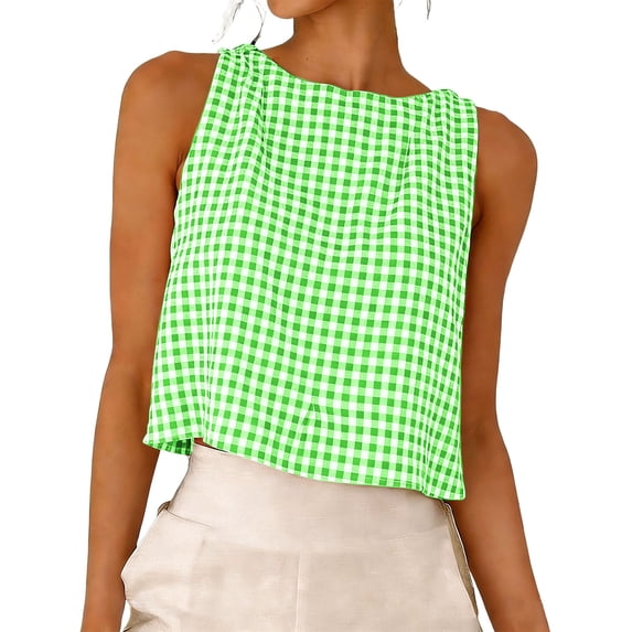 ZGRBOU Womens Gingham Crop Tank Tops 2026 Summer Sleeveless Cotton Linen Vests Button Back Crew Neck Cute Reversible Shirts