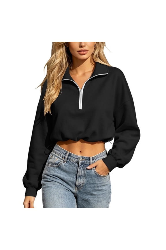 Womens Half Zip Crop Sweatshirt Long Sleeve Drop Shoulder Pullover Shirts Fasion Drawstring Hem Cropped Top