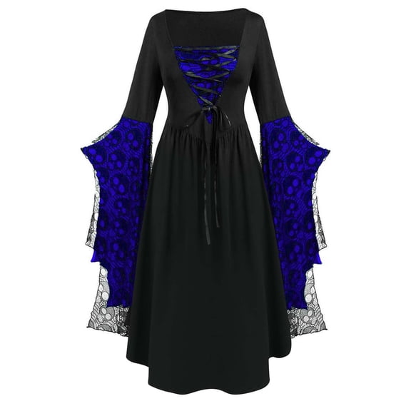 ZGRBOU Womens Halloween Witch Dress Renaissance Medieval Vampire Costumes Butterfly Sleeve Mesh Lace Gothic Dresses