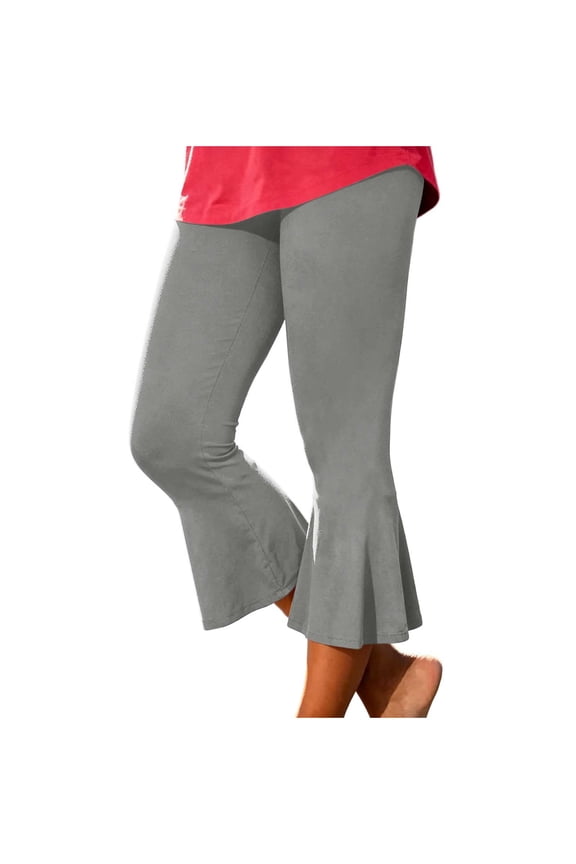 Womens High Waist Flare Capri Pants Stretch Casual Ruffle Yoga Cropped Trousers Summer Comfy Workout Pant