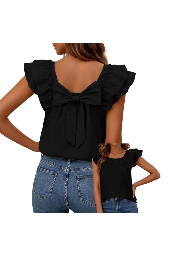Womens Layered Ruffle Flutter Sleeve Tops Cute Bow Tie Back Round Neck Shirts Summer Trendy Loose Tunic Tee