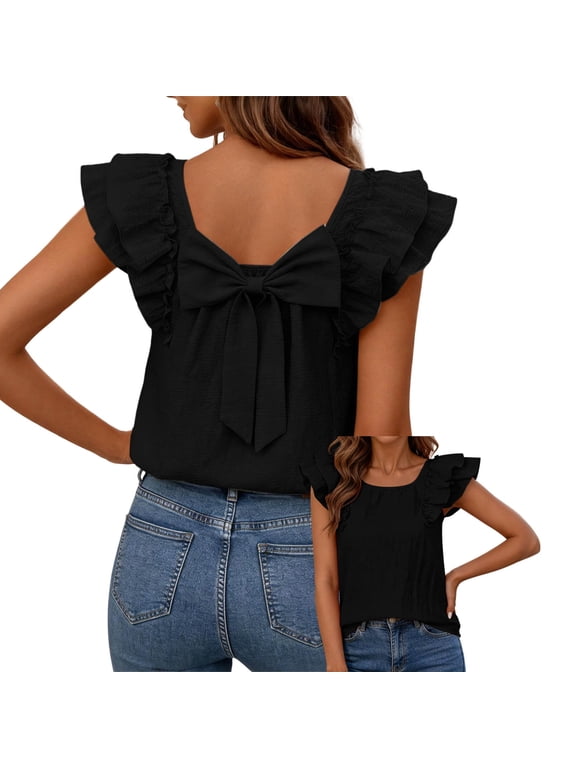 Womens Layered Ruffle Flutter Sleeve Tops Cute Bow Tie Back Round Neck Shirts Summer Trendy Loose Tunic Tee