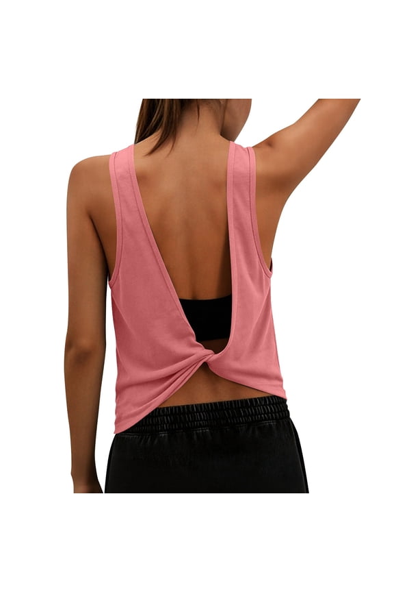 Womens Open Back Workout Shirts Cropped Crewneck Sleeveless Yoga Tank Tops Backless Athletic Gym Clothes