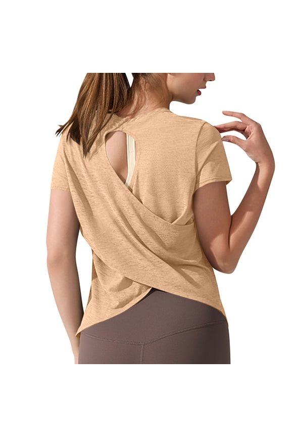 Womens Open Back Workout Top Wrap Cross Back Athletic T Shirts Oversized Short Sleeve Backless Yoga Tee Shirt
