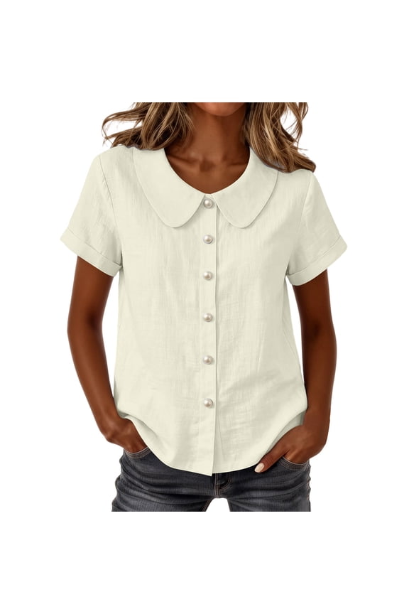 Womens Pearl Button Down Blouse Summer Peter Pan Collar Short Sleeve Work Shirt Vintage Casual Loose Tunic Tops