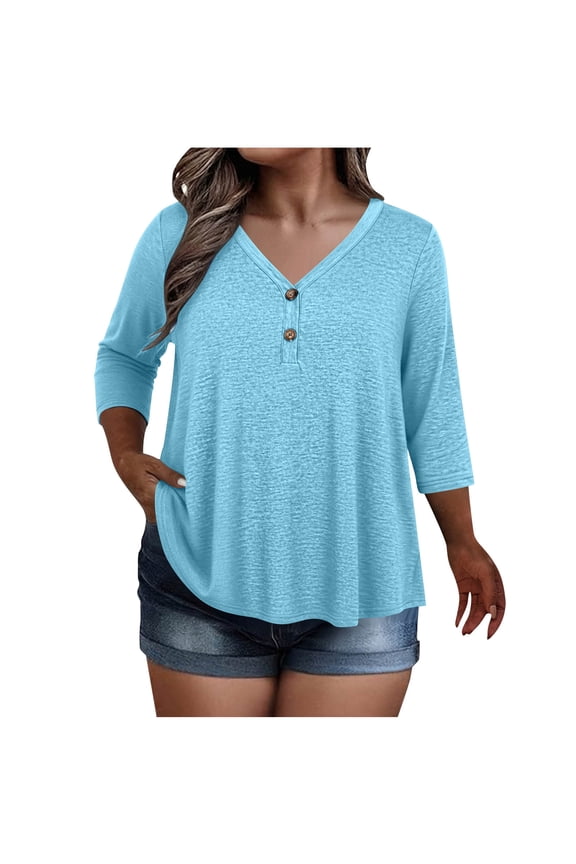 Womens Plus Size Basic Tops 3/4 Sleeve V Neck Button Down Henley Shirts Casual Summer Loose Tunics Tees