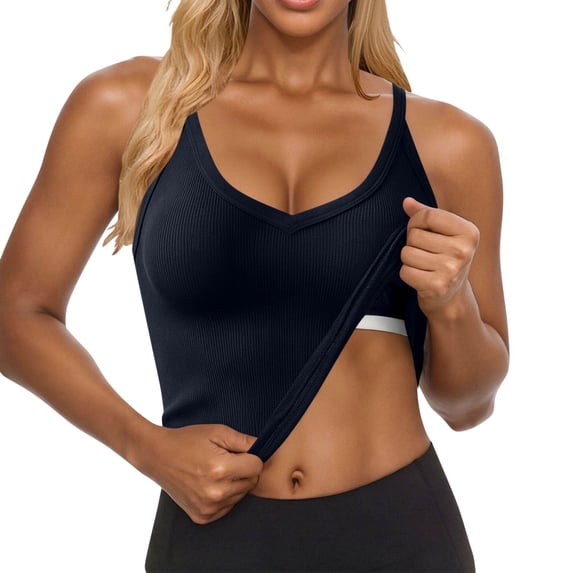 ZGRBOU Womens Racerback Ribbed Tank Tops Built in Bra V Neck Workout Tops Summer Sleeveless Stretch Crop Camisole