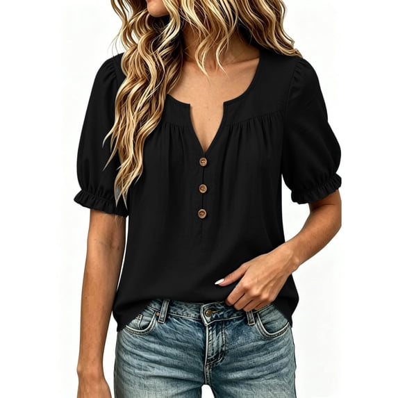 ZGRBOU Womens Ruffle Puff Sleeve Cotton Linen Tops V Neck Button Down Pleated Shirts Summer Casual Loose Vacasion TShirts