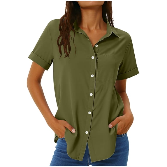 ZGRBOU Womens Short Sleeve Shirts V Neck Collared Button Down Hiking Shirt Sun Protection Quick Dry Tops with Zippered Pockets