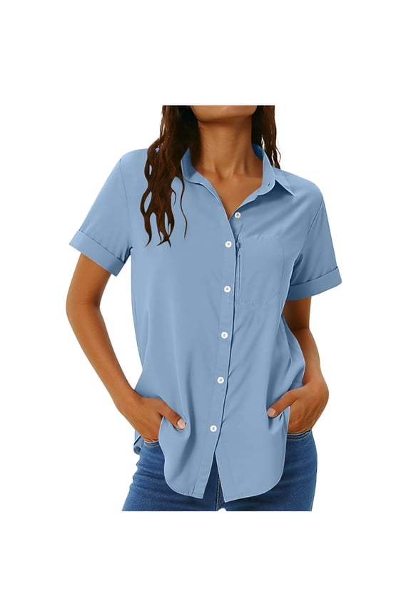 Womens Short Sleeve Shirts V Neck Collared Button Down Hiking Shirt Sun Protection Quick Dry Tops with Zippered Pockets
