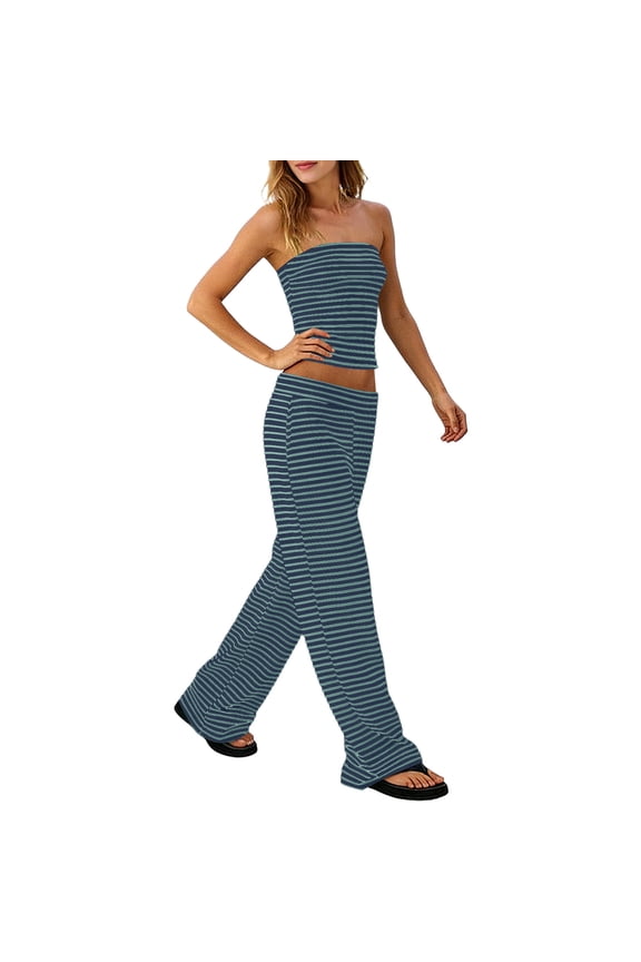 Womens Striped 2 Piece Sets Summer Strapless Crop Tube Tops Matching Low Waist Wide Leg Pants Beach Vacation Set