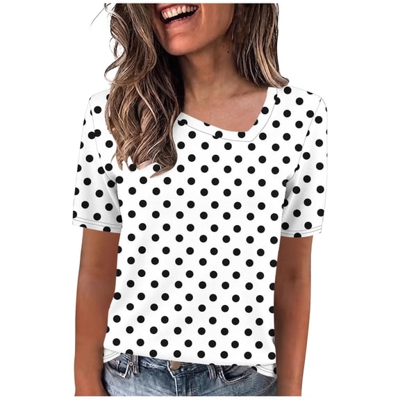 ZGRBOU Womens Summer Polka Dot Tops Short Sleeve Asymmetrical Neck Shirts Casual Fashion Print Loose Fit T Shirt