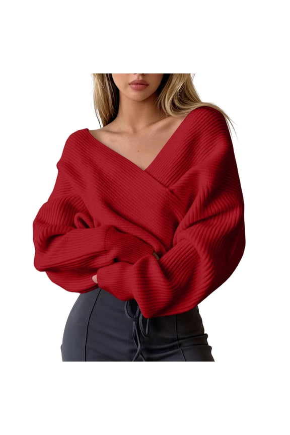 Womens V Neck Cropped Wrap Sweaters Cross Lantern Long Sleeve Pullover Drop Shoulder Ribbed Knit Fall Tops
