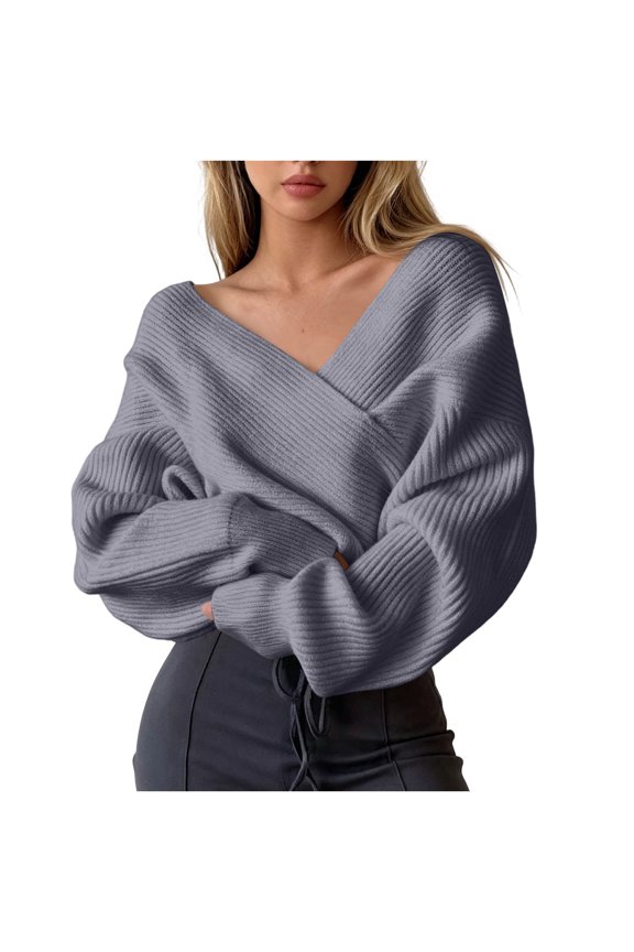 Womens V Neck Cropped Wrap Sweaters Cross Lantern Long Sleeve Pullover Drop Shoulder Ribbed Knit Fall Tops