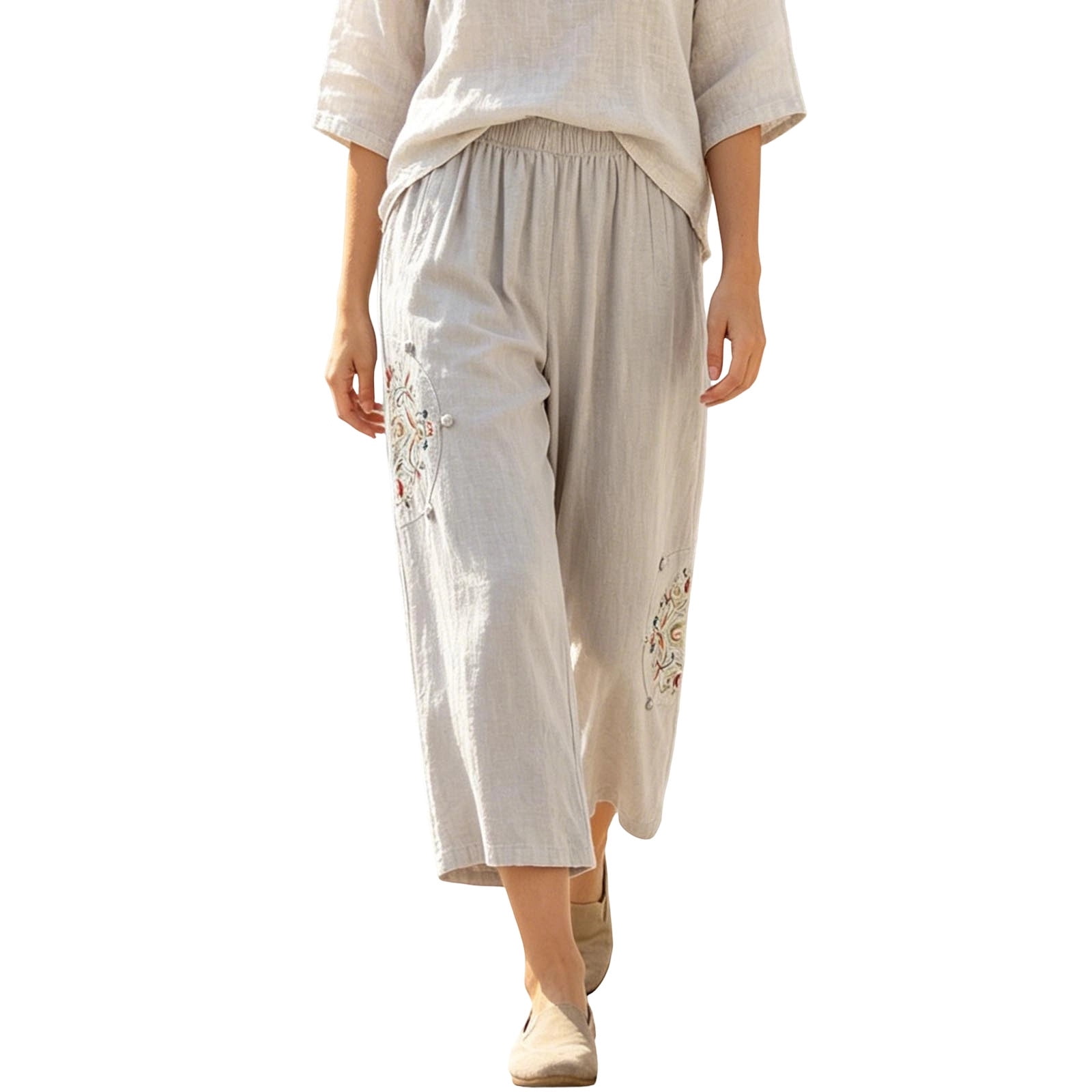 ZGRBOU Womens Wide Leg Capri Pants Mexican Embroidered Peasant