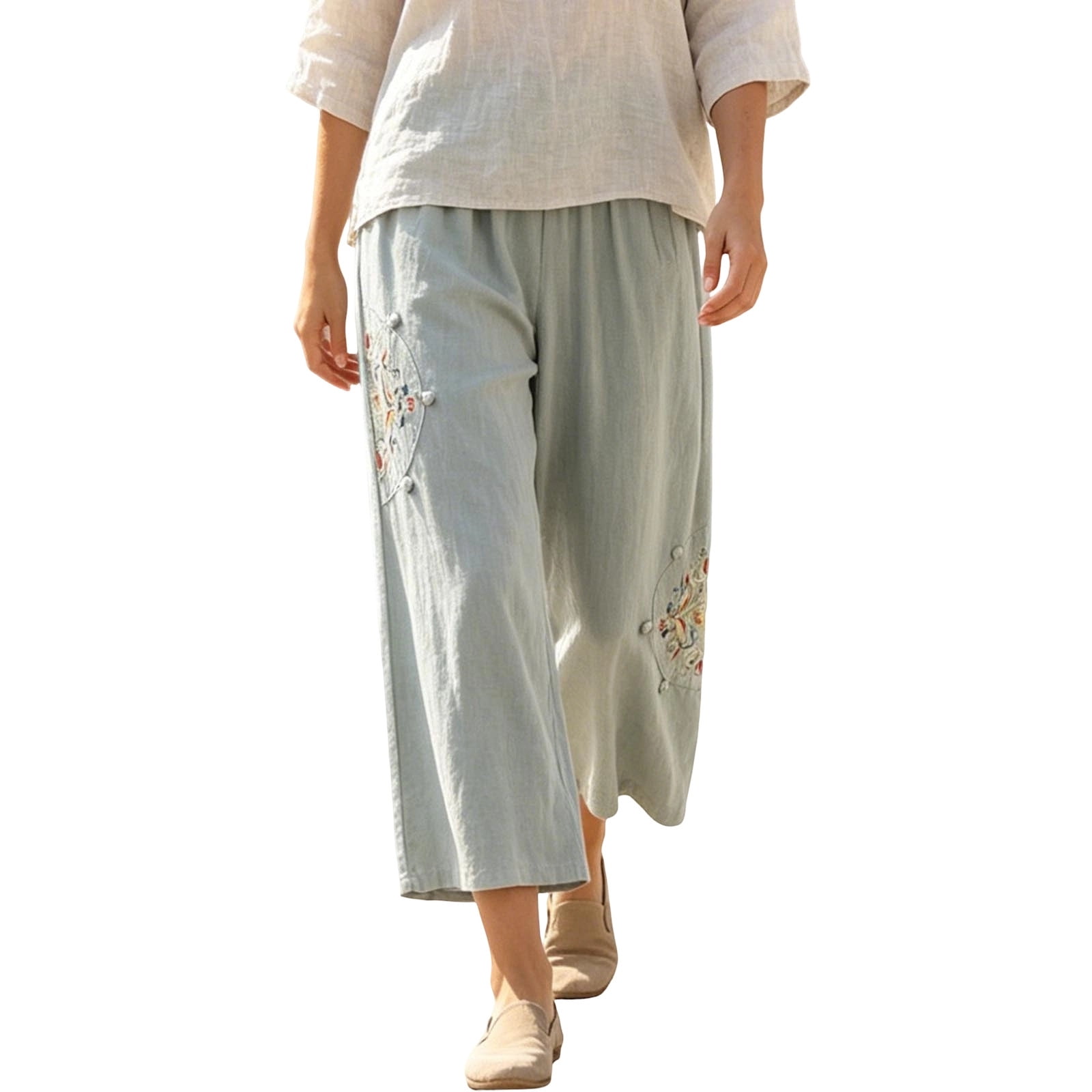 ZGRBOU Womens Wide Leg Capri Pants Mexican Embroidered Peasant