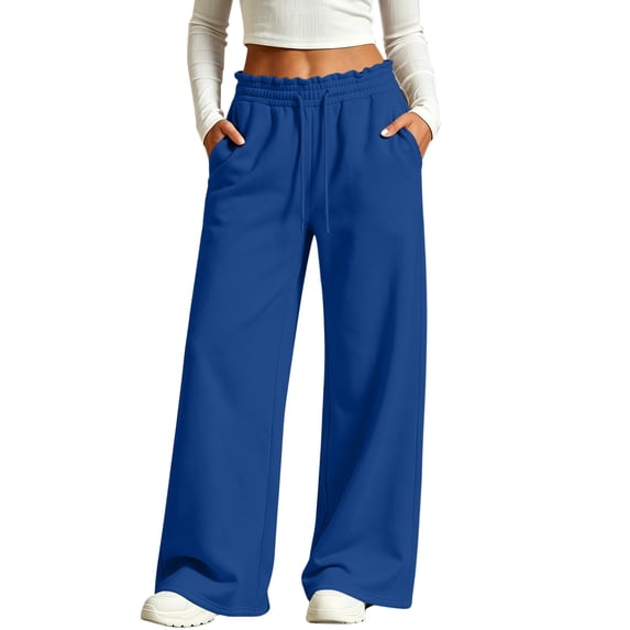 ZGRBOU Womens Wide Leg Sweatpants Ruffled High Waist Drawstring Joggers Fall Baggy Lounge Sweat Pants with Pockets