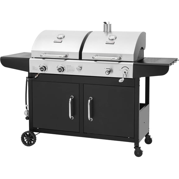 ZH3002N Propane Gas and Charcoal Grill Combo, Dual Fuel BBQ with 2 Side Shelves for Outdoor Patio Garden Backyard Barbecue, 20,000 BTUs, Silver & Black