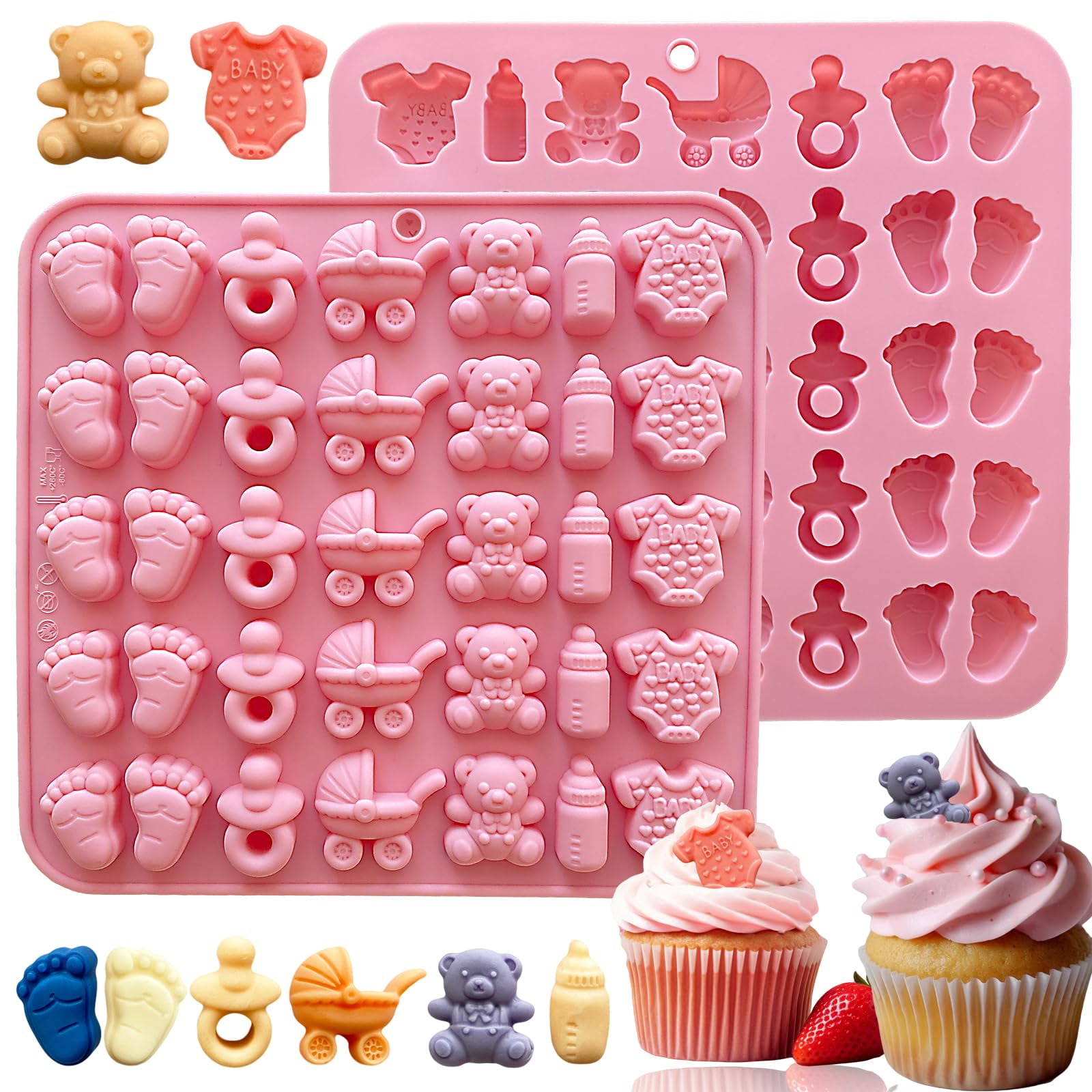 Qioihkp Baby Shower Chocolate Molds 2-Pack - Silicone Feet, Onesie, Bottle, Pacifier, Bear Molds For Candy & Cake Decor