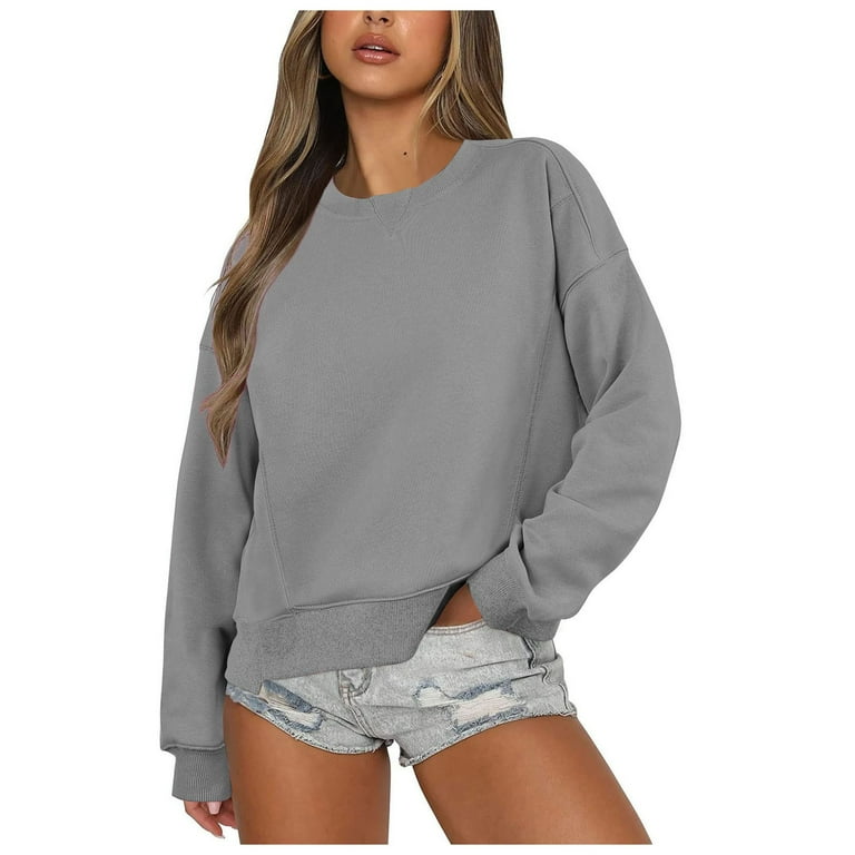 ZHAGHMIN 2024 Women Oversized Cropped Sweatshirts Solid Color Crewneck Workout Hoodies Pullover Loose Fit Tops Sweater Fall Outfits Grey SizeS Walmart