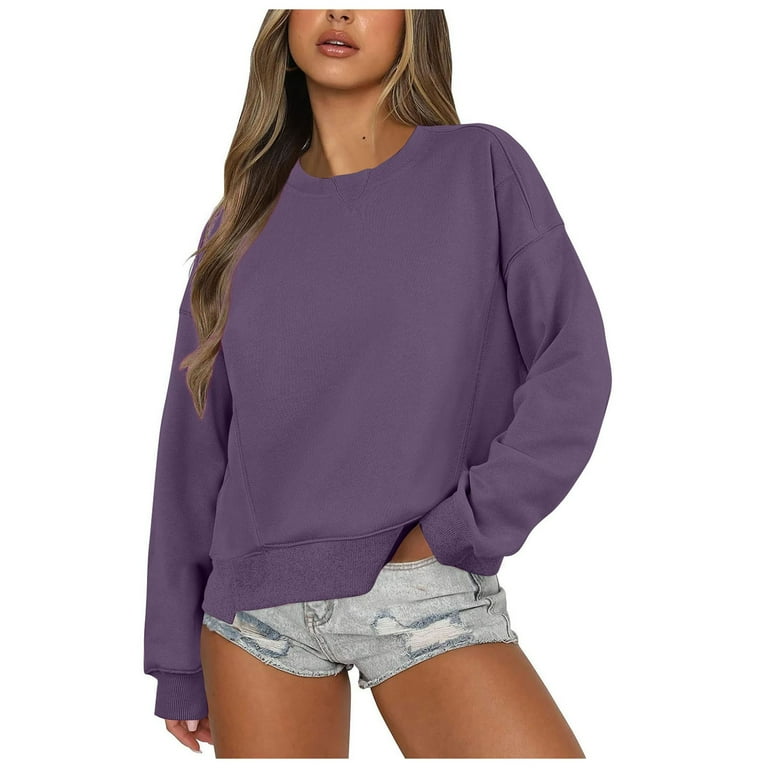 ZHAGHMIN 2024 Women Oversized Cropped Sweatshirts Solid Color Crewneck Workout Hoodies Pullover Loose Fit Tops Sweater Fall Outfits Purple SizeS Walmart