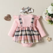 ZHAGHMIN Baby Girls Long Sleeve Bodysuit Size 9-12 Months Baby Girl Clothes Fall Winter Outfit Plaid Romper Long Sleeve Dress Lace Ruffles Bodysuit With Bow Headband Beige