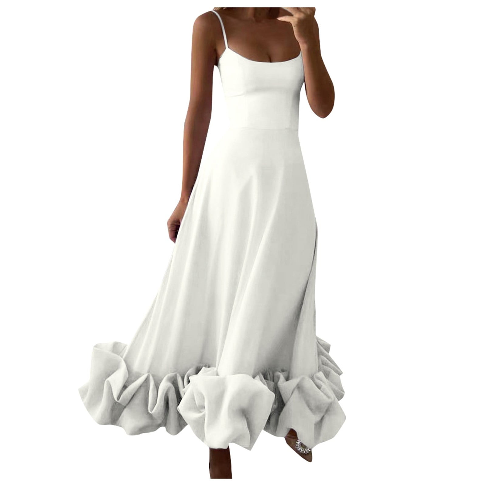 Women's Y2k Spaghetti Strap Mini Sleeveless Scoop Neck Ruffle Flowy Short Lightweight Party Midi Dress