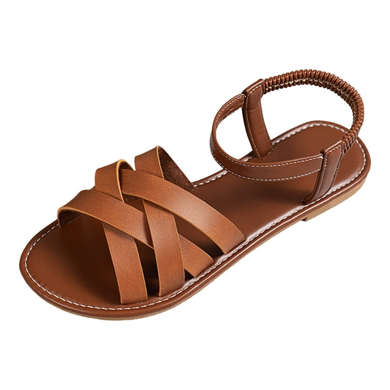 ZHAGHMIN Fashion Womens Sandals Solid Color Flat Bottom Open Toe Beach Roman Shoes Casual Elastic Band Strap Pu Leather Slippers Female Brown Size9