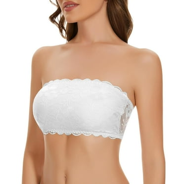 ZHAGHMIN Full Coverage Push Up Bra Strapless Bra Lace Bandeau Top Women'S Bra Without Underwire Padded Bralette Tube Top with Transparent Straps White One Size