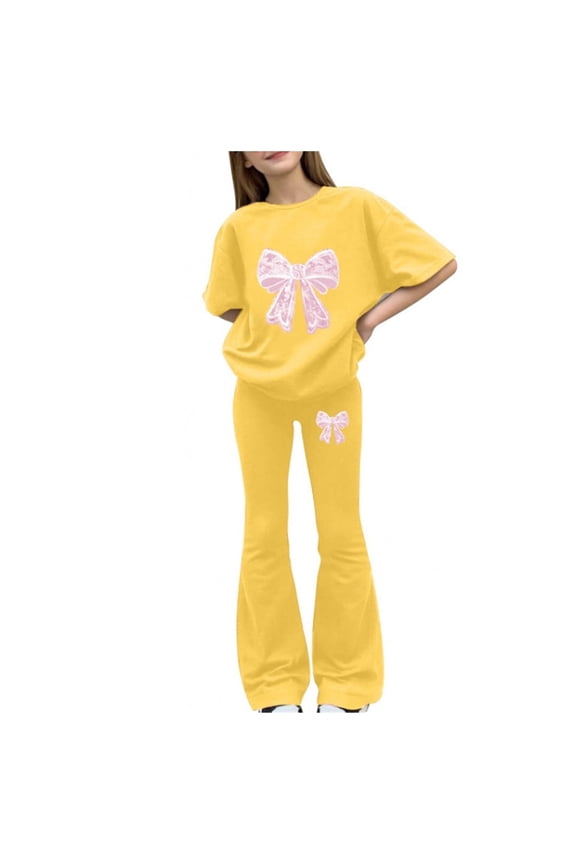 Girls Two Piece Activewear Set Short Sleeve Heart Bow Print Top Flared Pants Casual Track Suit for Kids Tween Sizes 8-12