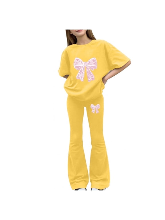 Girls Two Piece Activewear Set Short Sleeve Heart Bow Print Top Flared Pants Casual Track Suit for Kids Tween Sizes 8-12
