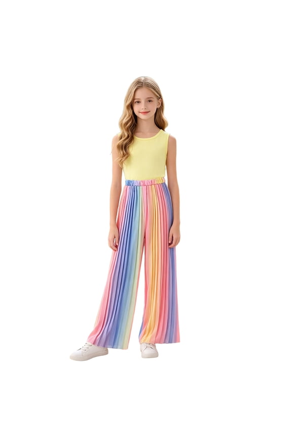 Girls Two Piece Set Crop Sleeveless Tank Top Rainbow Color Wide Leg Pants Flowy Summer Outfits for Kids Tween Sizes 8-12