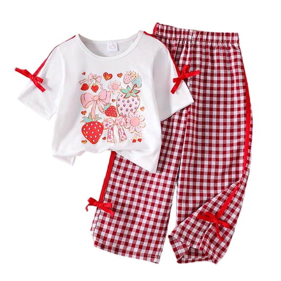 ZHAGHMIN Girls Two Piece Set Short Sleeve Top with Pants Cute Strawberry Print Summer Outfits for Kids Toddler Sizes 4-7