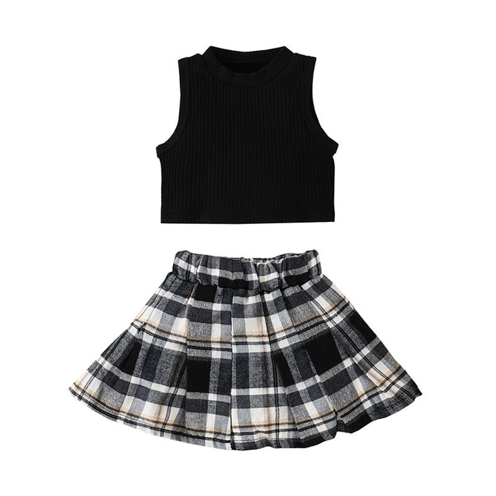 Monogram Girl Outfits Toddler Outfits Girls Summer Sleeveless Tops Plaid  Prints Skirts with Bag (Black, 3-4 Years)