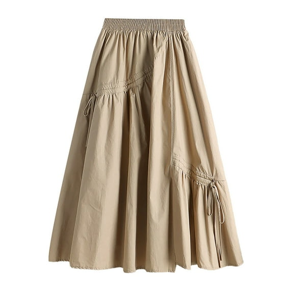ZHAGHMIN Long Denim Skirts for Women Women'S Solid Color Casual Maxi Pleated Skirts Medium Length Large Swing A Line Skirt Elastic Waist Khaki One Size