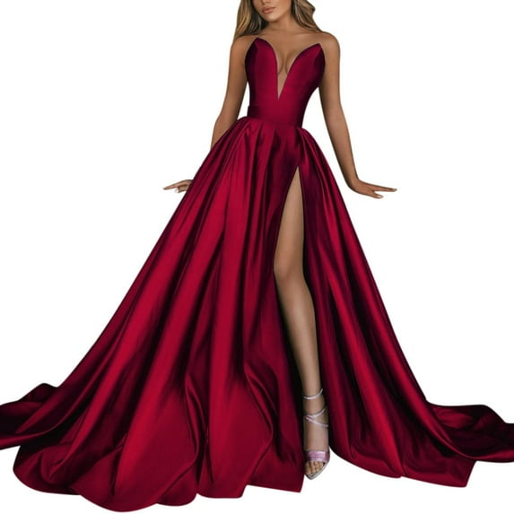 ZHAGHMIN Long Evening Gown Prom Dresses for Women Solid V-Neck Strapless High Waist Backless Swing Flowy Evening Party Pleated Maxi Dresses Red SizeM