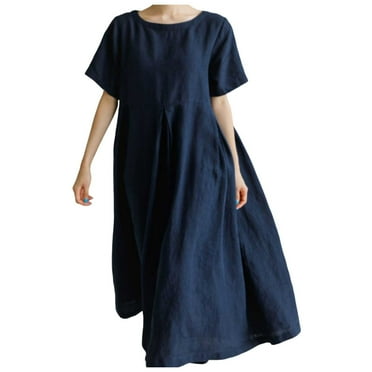 ZHAGHMIN Loose Fit Short Sleeve Shirt Dress for Women Solid Color Crewneck Oversized Pleated Flowy Dresses with Pockets Daily Maxi Dress Navy SizeXL