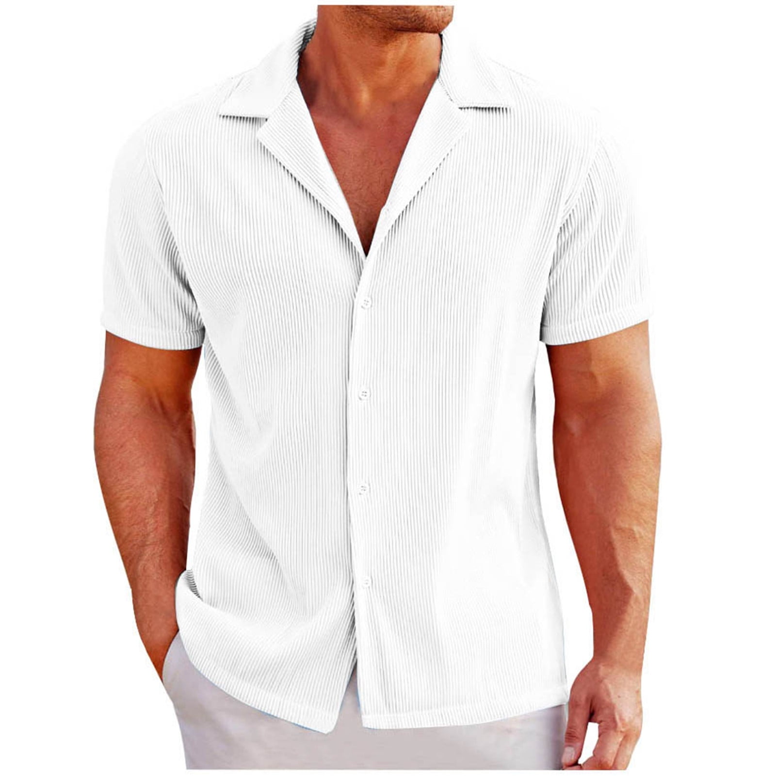 ZHAGHMIN Mens Vacation Outfits Men's Summer Button Up Shirt Lightweight  Solid Color V-Neck Ribbed Short Sleeve Slim Beach Shirts White SizeXL