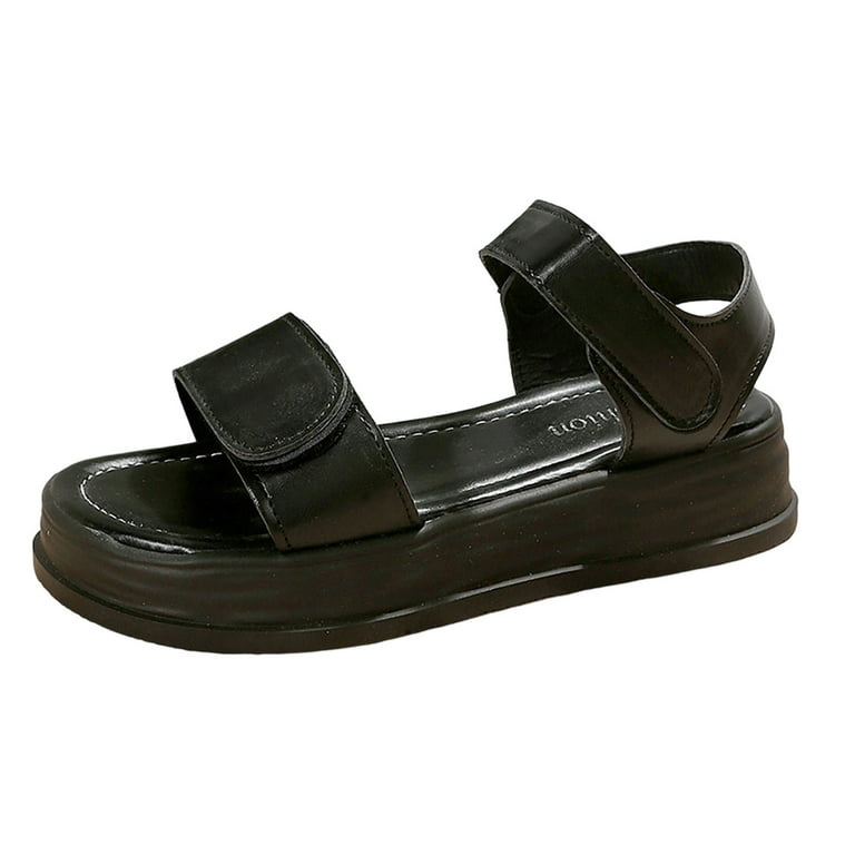 ZHAGHMIN Pu Leather Sandals for Teen Girl Summer Slip On Solid Color Casual Sandalias Open Toe Platform Soft Thickbottom Breathable Shoes Black Size8