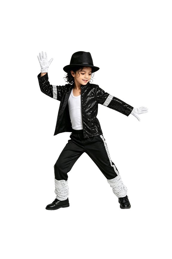 4pcs Boys Outfits Rock Super Star Sequin Gloves Black Hat for 80s 90s Themed Costume for Kids Black 12-14 Years