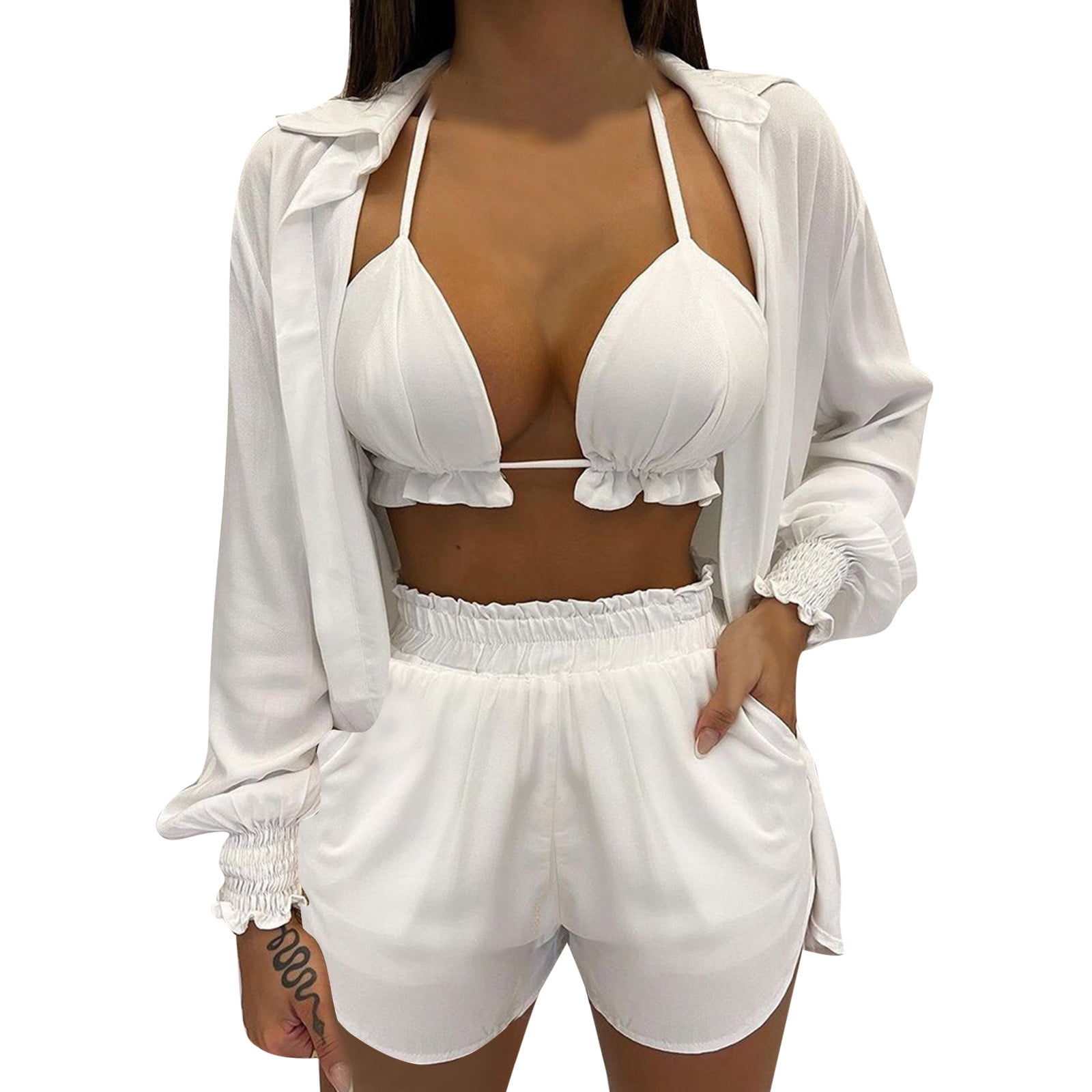 ZHAGHMIN Shorts Workout Set Women Women 3Pcs Sleeve Shirt Floral Print