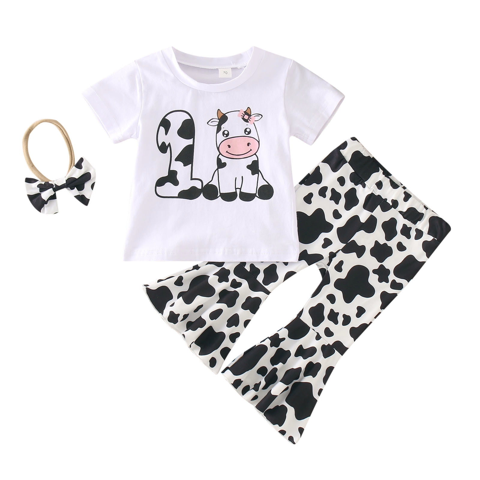 ZHAGHMIN Spring Outfits For Girls Toddler Girls Short Sleeve Cartoon Dairy  Cow Printed T Shirt Pullover Tops Bell Bottoms Pants Kids Outfits Girls