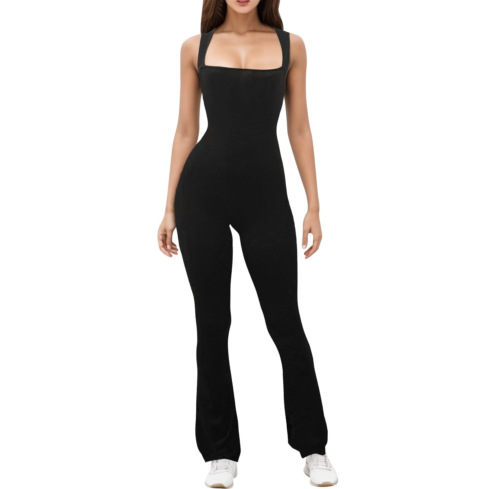ZHAGHMIN Strappy Workout Flare Jumpsuit for Women Square Neck Full