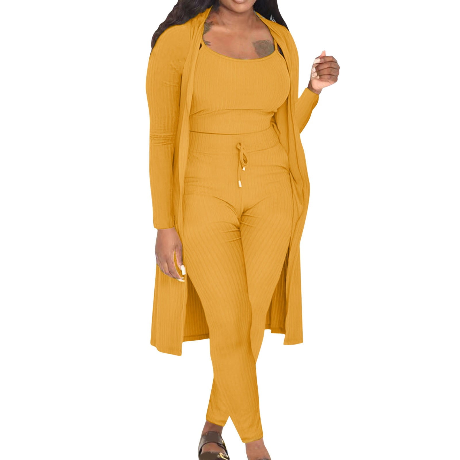 ZHAGHMIN Summer Casual 2 Piece Outfits For Women Fall Winter Women Stretchy  Wear 2023 Solid Color 3 Piece Pants Set Ladies Ribbed Casual Three Pcs