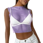ZHAGHMIN Summer Tops Casual V Neck T Shirts Women'S Rhinestone Mesh Tank Tops See Through Diamond Crop Top Layering Tees for Women Long Sleeve Plain PurpleXS